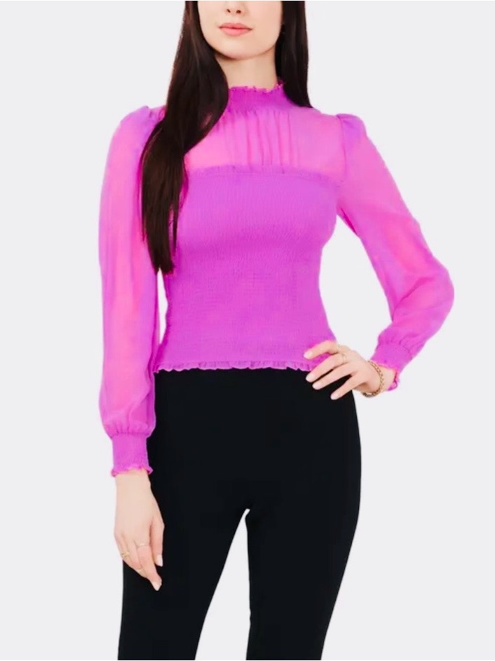 Part of AUCTION TONIGHT AT 7:30pm Sheer Yoke Smocked Blouse in Bright Fuchsia